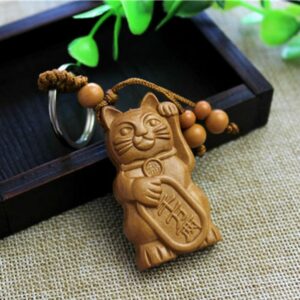 Porte-clé pendentif chat porte-bonheur en bois