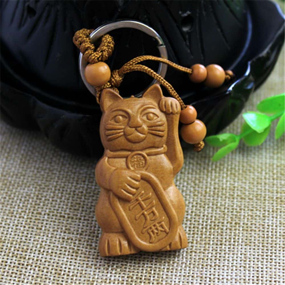 Porte-clé pendentif chat porte-bonheur en bois 10