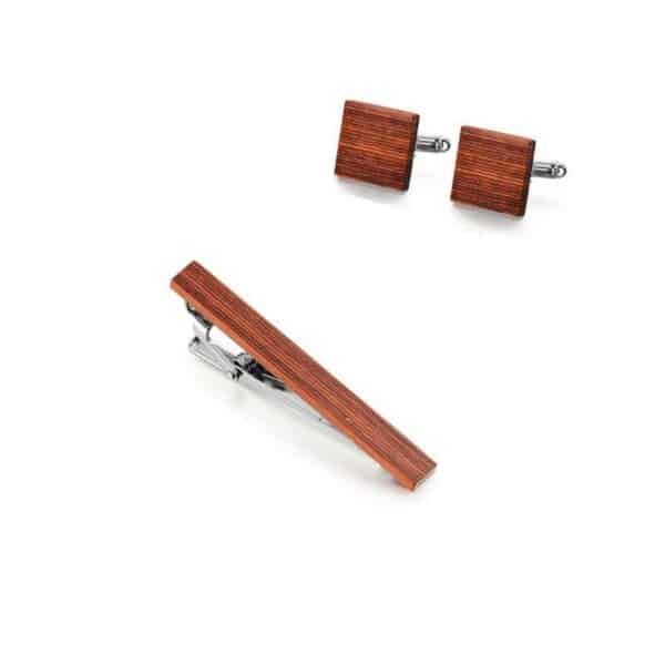 Ensemble de boutons de manchette et pince cravate marron en bois pour hommes 2