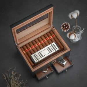 Étui noir humidificateur à cigares avec hygromètre en bois de cèdre 2