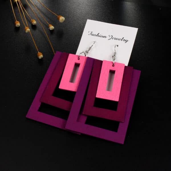 Boucles d’oreilles bois en forme de rectangles superposés 2