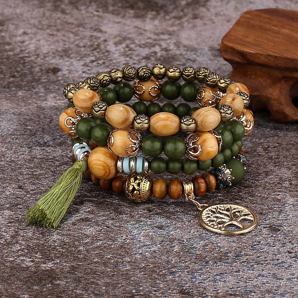 Ensemble de bracelets assortis en bois et pierres avec arbre de vie 11