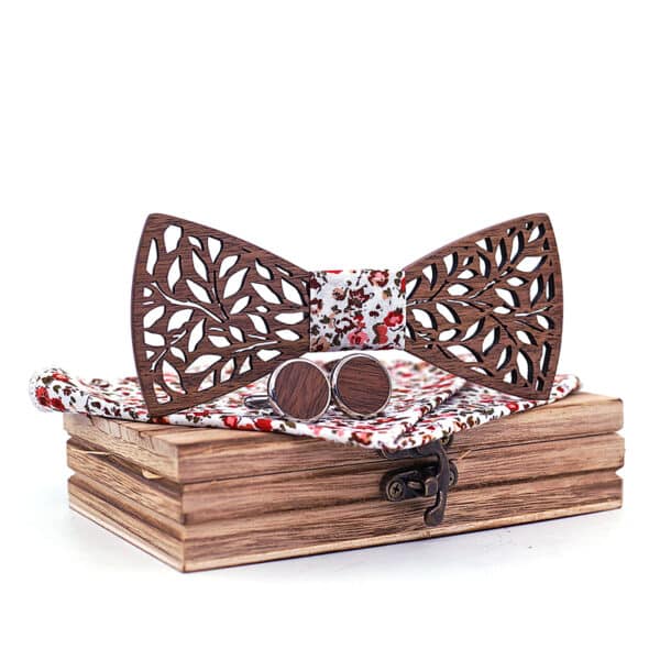 Ensemble noeud papillon en bois, boutons de manchettes et mouchoir en tissu coloré 2