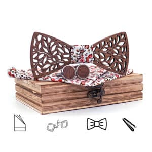 Ensemble noeud papillon en bois, boutons de manchettes et mouchoir en tissu coloré 2