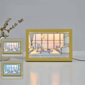 Décoration bois style cadre lumineux LED paysage avec variation du soleil