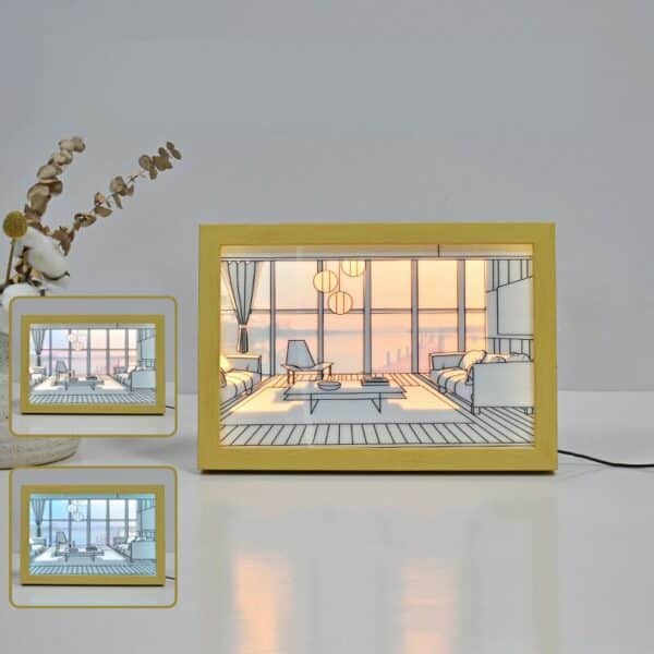 Décoration bois style cadre lumineux LED paysage avec variation du soleil 2