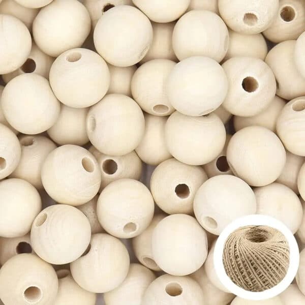 Lot de Cent Perles en Bois Rondes et Personnalisables avec Ficelle de Jute 2