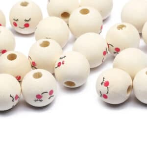 Lot de Dix Perles en Bois Rondes avec un Visage Souriant